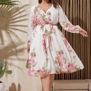 Boho plus white pink floral print wrap belted A-line dress